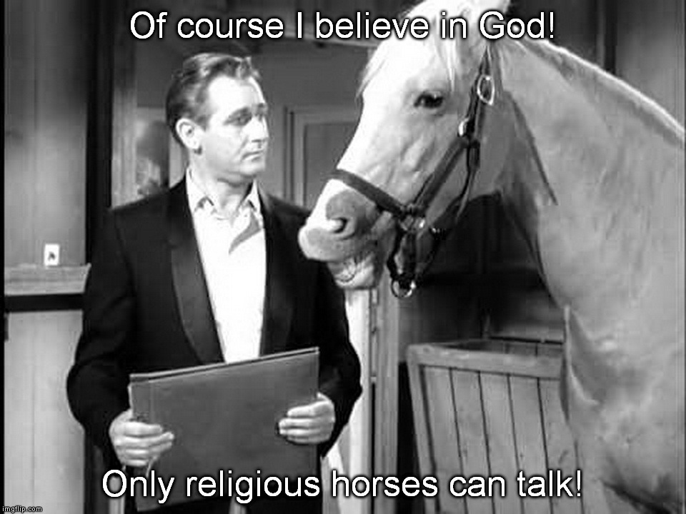 It's a Miracle - Just In Time For Christmas | Of course I believe in God! Only religious horses can talk! | image tagged in mister ed,mr ed | made w/ Imgflip meme maker