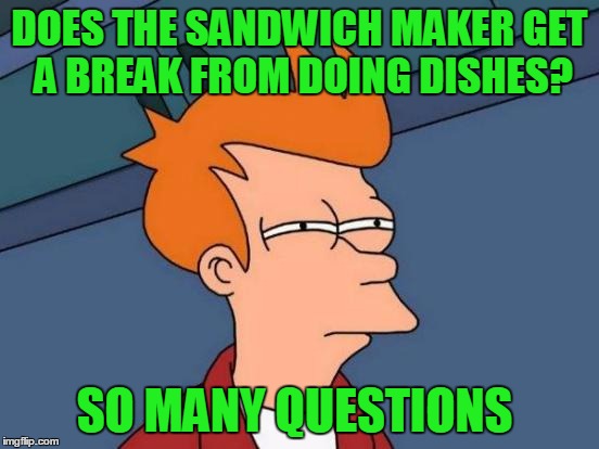 Futurama Fry Meme | DOES THE SANDWICH MAKER GET A BREAK FROM DOING DISHES? SO MANY QUESTIONS | image tagged in memes,futurama fry | made w/ Imgflip meme maker