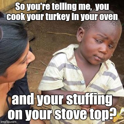 Third World Skeptical Kid Meme | So you're telling me,  you cook your turkey in your oven and your stuffing on your stove top? | image tagged in memes,third world skeptical kid | made w/ Imgflip meme maker