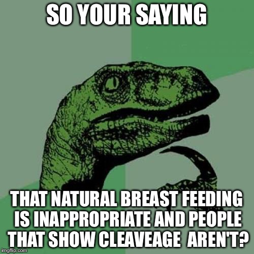 Philosoraptor | SO YOUR SAYING; THAT NATURAL BREAST FEEDING IS INAPPROPRIATE AND PEOPLE THAT SHOW CLEAVEAGE  AREN'T? | image tagged in memes,philosoraptor | made w/ Imgflip meme maker
