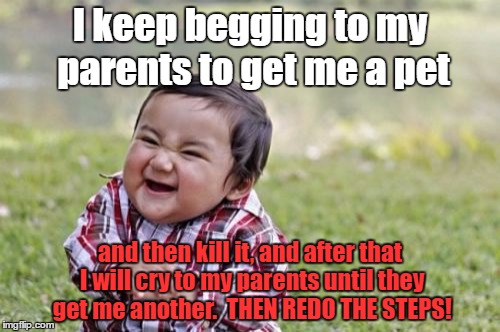 Evil Toddler Meme | I keep begging to my parents to get me a pet; and then kill it, and after that I will cry to my parents until they get me another.  THEN REDO THE STEPS! | image tagged in memes,evil toddler | made w/ Imgflip meme maker