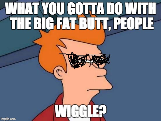 Futurama Fry Meme | WHAT YOU GOTTA DO WITH THE BIG FAT BUTT, PEOPLE; WIGGLE? | image tagged in memes,futurama fry | made w/ Imgflip meme maker