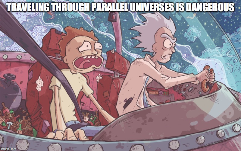 Traveling Through Parallel Universes | TRAVELING THROUGH PARALLEL UNIVERSES IS DANGEROUS | image tagged in parallel universe,rick and morty,memes | made w/ Imgflip meme maker