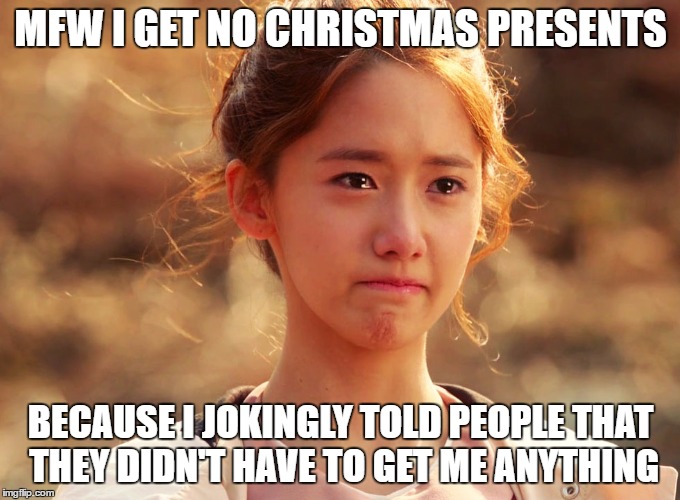 Yoona Crying | MFW I GET NO CHRISTMAS PRESENTS; BECAUSE I JOKINGLY TOLD PEOPLE THAT THEY DIDN'T HAVE TO GET ME ANYTHING | image tagged in yoona crying | made w/ Imgflip meme maker