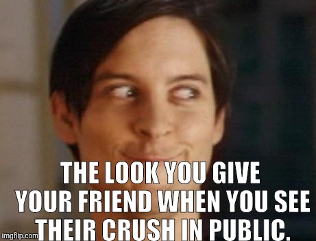 Spiderman Peter Parker Meme | THE LOOK YOU GIVE YOUR FRIEND WHEN YOU SEE THEIR CRUSH IN PUBLIC. | image tagged in memes,spiderman peter parker | made w/ Imgflip meme maker