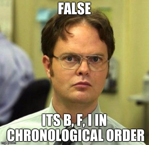 FALSE ITS B, F, I IN CHRONOLOGICAL ORDER | made w/ Imgflip meme maker