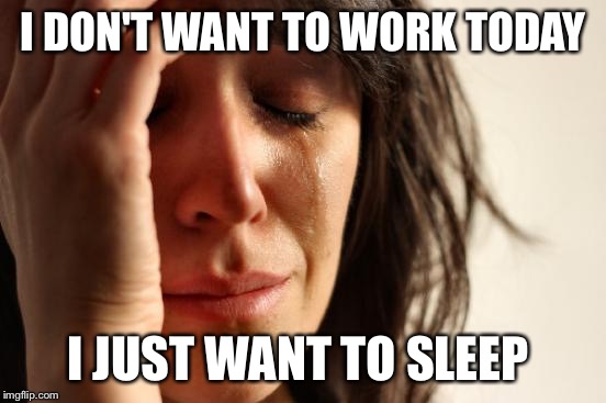 First World Problems Meme | I DON'T WANT TO WORK TODAY I JUST WANT TO SLEEP | image tagged in memes,first world problems | made w/ Imgflip meme maker