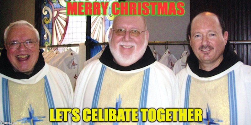 Bad Pun Priests | MERRY CHRISTMAS; LET’S CELIBATE TOGETHER | image tagged in merry christmas,priest | made w/ Imgflip meme maker