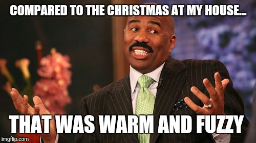 Steve Harvey Meme | COMPARED TO THE CHRISTMAS AT MY HOUSE... THAT WAS WARM AND FUZZY | image tagged in memes,steve harvey | made w/ Imgflip meme maker