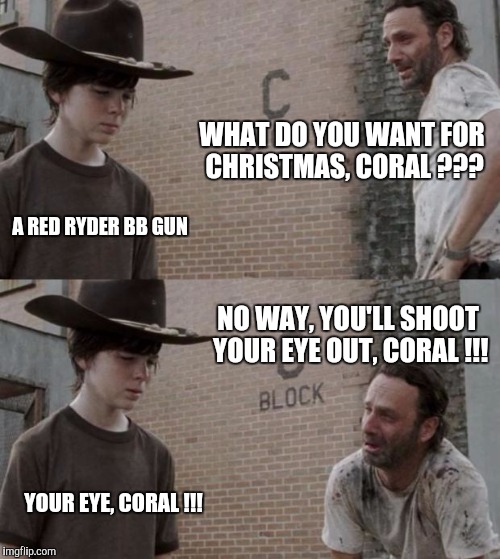 Coral !!! | WHAT DO YOU WANT FOR CHRISTMAS, CORAL ??? A RED RYDER BB GUN; NO WAY, YOU'LL SHOOT YOUR EYE OUT, CORAL !!! YOUR EYE, CORAL !!! | image tagged in memes,rick and carl | made w/ Imgflip meme maker