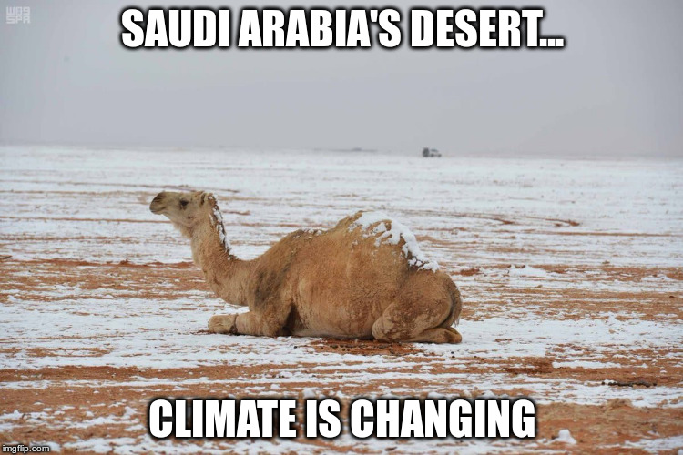 Climate Change | SAUDI ARABIA'S DESERT... CLIMATE IS CHANGING | image tagged in desert,climate change,republican,winter,desert snow | made w/ Imgflip meme maker