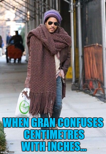 Are you gonna knit my way? | WHEN GRAN CONFUSES CENTIMETRES WITH INCHES... | image tagged in lenny scarf,memes,knitting,fail,lenny kravitz,music | made w/ Imgflip meme maker