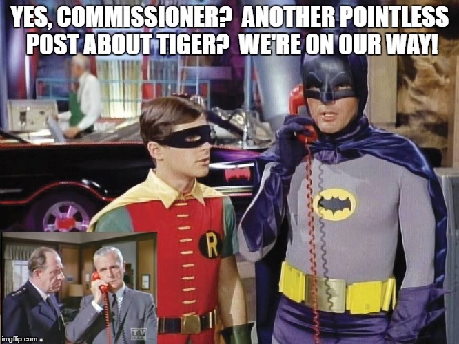 Batman Takes on Tiger Woods | YES, COMMISSIONER?  ANOTHER POINTLESS POST ABOUT TIGER?  WE'RE ON OUR WAY! | image tagged in tiger woods,batman,robin,golf,pga tour,pga | made w/ Imgflip meme maker