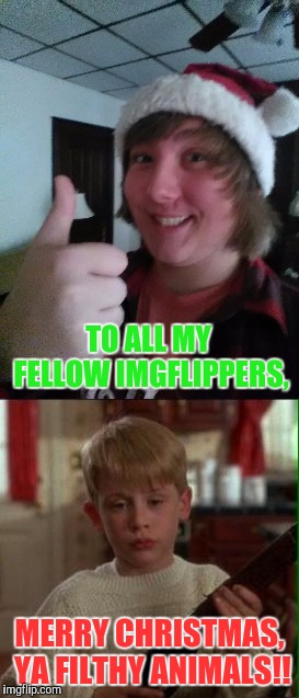 TO ALL MY FELLOW IMGFLIPPERS, MERRY CHRISTMAS, YA FILTHY ANIMALS!! | image tagged in memes,christmas | made w/ Imgflip meme maker