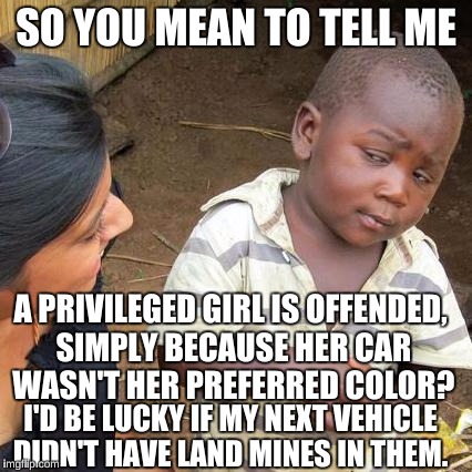 Third World Skeptical Kid Meme | SO YOU MEAN TO TELL ME A PRIVILEGED GIRL IS OFFENDED, SIMPLY BECAUSE HER CAR WASN'T HER PREFERRED COLOR? I'D BE LUCKY IF MY NEXT VEHICLE DID | image tagged in memes,third world skeptical kid | made w/ Imgflip meme maker