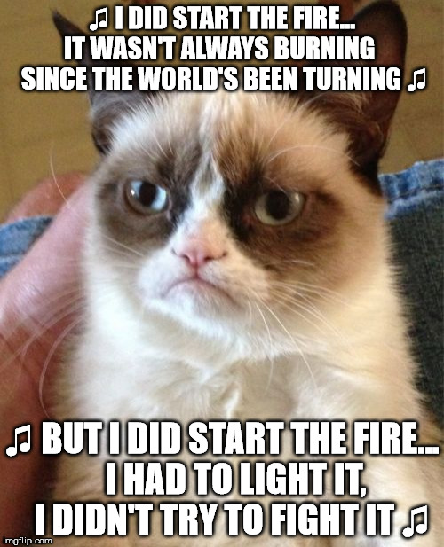 Grumpy Cat Meme | ♫ I DID START THE FIRE... IT WASN'T ALWAYS BURNING   SINCE THE WORLD'S BEEN TURNING ♫; ♫ BUT I DID START THE FIRE...    I HAD TO LIGHT IT,   I DIDN'T TRY TO FIGHT IT ♫ | image tagged in memes,grumpy cat | made w/ Imgflip meme maker