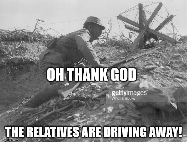 All is quiet on the Christmas Front | OH THANK GOD; THE RELATIVES ARE DRIVING AWAY! | image tagged in holidays,christmas | made w/ Imgflip meme maker