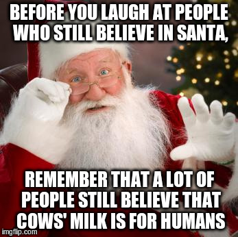 Before you laugh at people who still believe in Santa | BEFORE YOU LAUGH AT PEOPLE WHO STILL BELIEVE IN SANTA, REMEMBER THAT A LOT OF PEOPLE STILL BELIEVE THAT COWS' MILK IS FOR HUMANS | image tagged in hold up santa,santa,vegan,believe | made w/ Imgflip meme maker