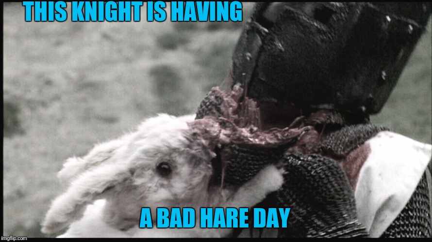 Monty Python Rabbit  | THIS KNIGHT IS HAVING; A BAD HARE DAY | image tagged in puns,bad pun,funny meme | made w/ Imgflip meme maker