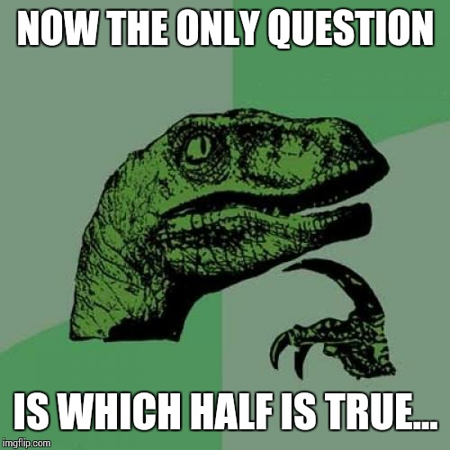 Philosoraptor Meme | NOW THE ONLY QUESTION IS WHICH HALF IS TRUE... | image tagged in memes,philosoraptor | made w/ Imgflip meme maker