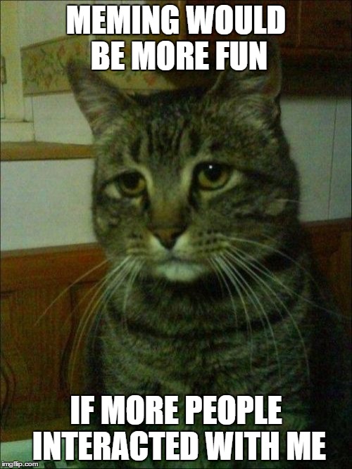 Depressed Cat | MEMING WOULD BE MORE FUN; IF MORE PEOPLE INTERACTED WITH ME | image tagged in memes,depressed cat | made w/ Imgflip meme maker