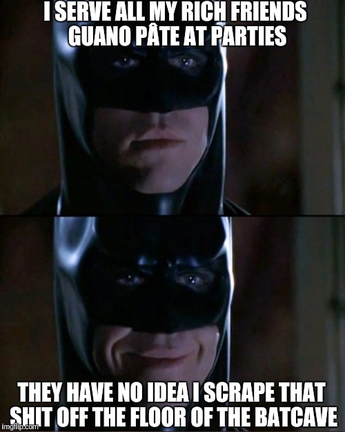 I SERVE ALL MY RICH FRIENDS GUANO PÂTE AT PARTIES THEY HAVE NO IDEA I SCRAPE THAT SHIT OFF THE FLOOR OF THE BATCAVE | made w/ Imgflip meme maker