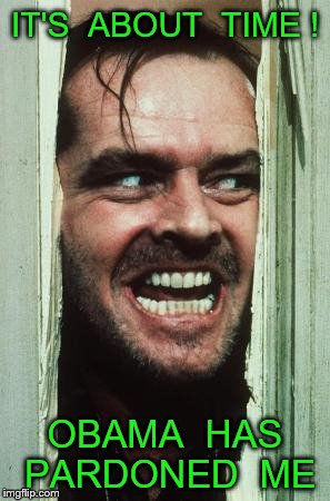 Here's Johnny | IT'S  ABOUT  TIME ! OBAMA  HAS PARDONED  ME | image tagged in memes,heres johnny | made w/ Imgflip meme maker