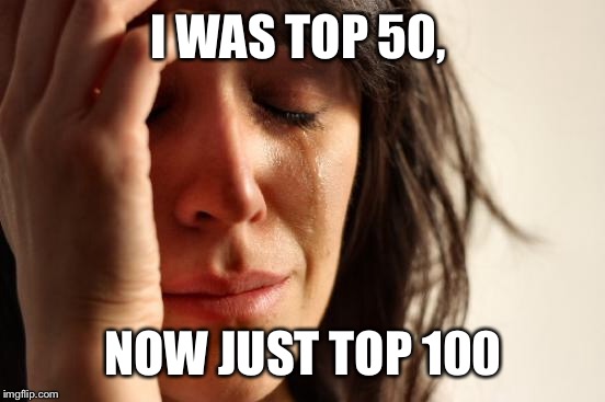 First World Problems Meme | I WAS TOP 50, NOW JUST TOP 100 | image tagged in memes,first world problems | made w/ Imgflip meme maker