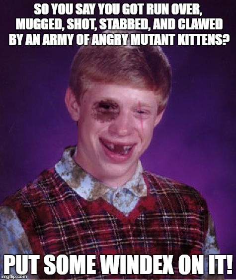 Beat-up Bad Luck Brian | SO YOU SAY YOU GOT RUN OVER, MUGGED, SHOT, STABBED, AND CLAWED BY AN ARMY OF ANGRY MUTANT KITTENS? PUT SOME WINDEX ON IT! | image tagged in beat-up bad luck brian,windex | made w/ Imgflip meme maker