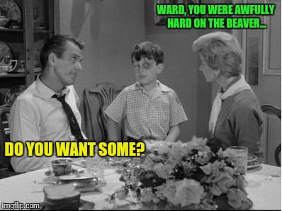 Gosh Wally, dad's got a mean left | WARD, YOU WERE AWFULLY HARD ON THE BEAVER... DO YOU WANT SOME? | image tagged in leave it to beaver | made w/ Imgflip meme maker