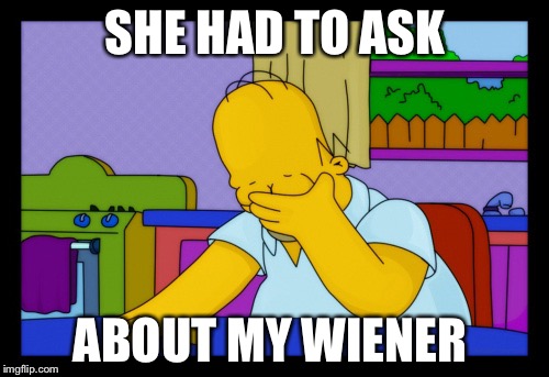 Homer face palm | SHE HAD TO ASK ABOUT MY WIENER | image tagged in homer face palm | made w/ Imgflip meme maker