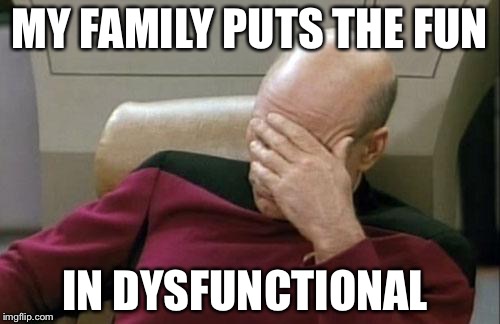 Captain Picard Facepalm Meme | MY FAMILY PUTS THE FUN; IN DYSFUNCTIONAL | image tagged in memes,captain picard facepalm | made w/ Imgflip meme maker