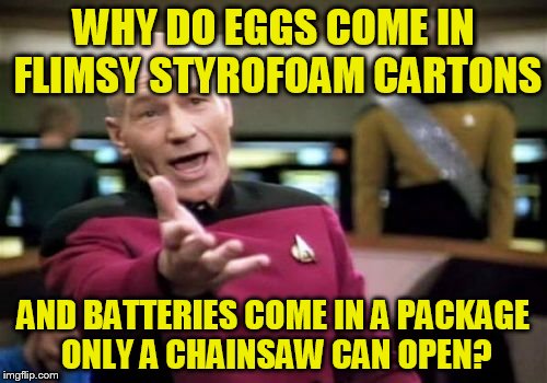 Picard Wtf Meme | WHY DO EGGS COME IN FLIMSY STYROFOAM CARTONS; AND BATTERIES COME IN A PACKAGE ONLY A CHAINSAW CAN OPEN? | image tagged in memes,picard wtf | made w/ Imgflip meme maker