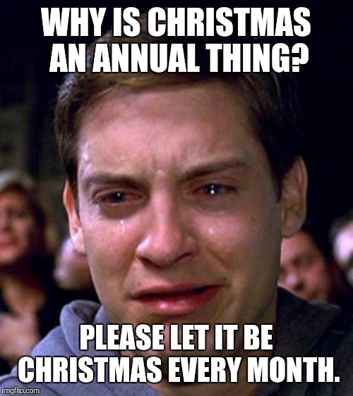 crying peter parker | WHY IS CHRISTMAS AN ANNUAL THING? PLEASE LET IT BE CHRISTMAS EVERY MONTH. | image tagged in crying peter parker | made w/ Imgflip meme maker