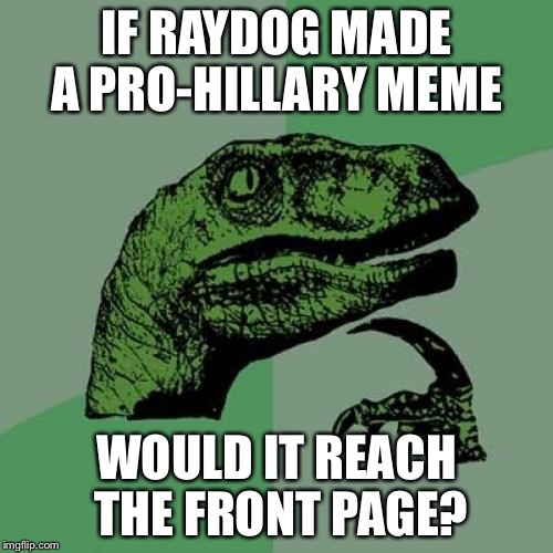 A true question... | IF RAYDOG MADE A PRO-HILLARY MEME; WOULD IT REACH THE FRONT PAGE? | image tagged in memes,philosoraptor | made w/ Imgflip meme maker