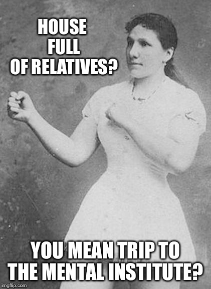 Overly Manly Woman | HOUSE FULL OF RELATIVES? YOU MEAN TRIP TO THE MENTAL INSTITUTE? | image tagged in overly manly woman | made w/ Imgflip meme maker