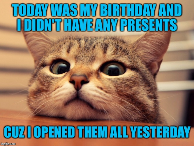 Happy birthday to me....... | TODAY WAS MY BIRTHDAY AND I DIDN'T HAVE ANY PRESENTS; CUZ I OPENED THEM ALL YESTERDAY | image tagged in happy birthday | made w/ Imgflip meme maker