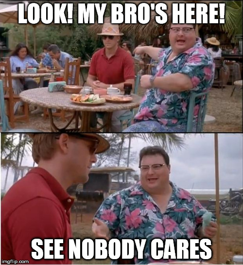 See Nobody Cares Meme | LOOK! MY BRO'S HERE! SEE NOBODY CARES | image tagged in memes,see nobody cares | made w/ Imgflip meme maker