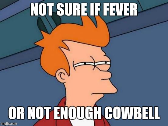 Futurama Fry | NOT SURE IF FEVER; OR NOT ENOUGH COWBELL | image tagged in memes,futurama fry | made w/ Imgflip meme maker