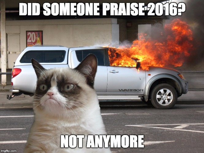 Grumpy Cat Fire Car | DID SOMEONE PRAISE 2016? NOT ANYMORE | image tagged in grumpy cat fire car | made w/ Imgflip meme maker