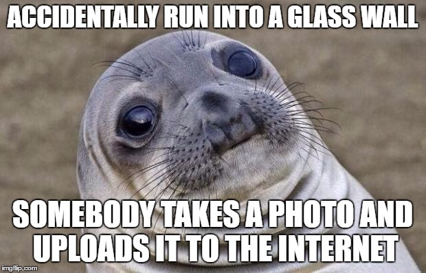 Awkward Moment Sealion Meme | ACCIDENTALLY RUN INTO A GLASS WALL; SOMEBODY TAKES A PHOTO AND UPLOADS IT TO THE INTERNET | image tagged in memes,awkward moment sealion | made w/ Imgflip meme maker