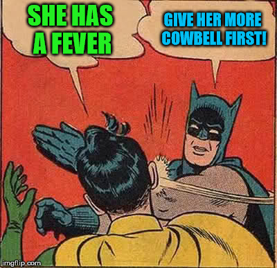 Batman Slapping Robin Meme | SHE HAS A FEVER GIVE HER MORE COWBELL FIRST! | image tagged in memes,batman slapping robin | made w/ Imgflip meme maker