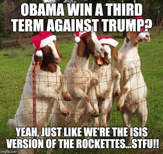 Goats of Christmas Past | OBAMA WIN A THIRD TERM AGAINST TRUMP? YEAH, JUST LIKE WE'RE THE ISIS VERSION OF THE ROCKETTES...STFU!! | image tagged in goats of christmas past | made w/ Imgflip meme maker