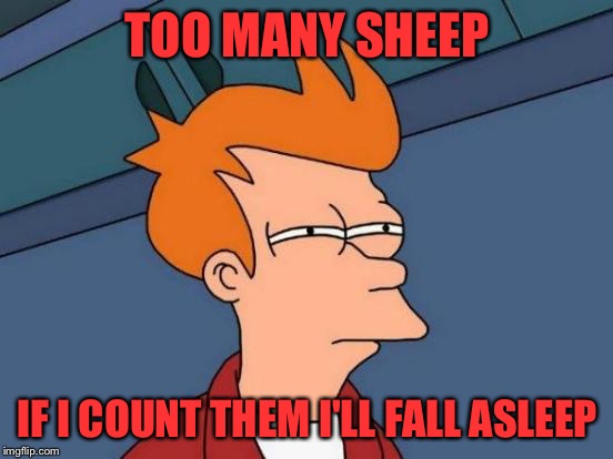Futurama Fry | TOO MANY SHEEP; IF I COUNT THEM I'LL FALL ASLEEP | image tagged in memes,futurama fry | made w/ Imgflip meme maker