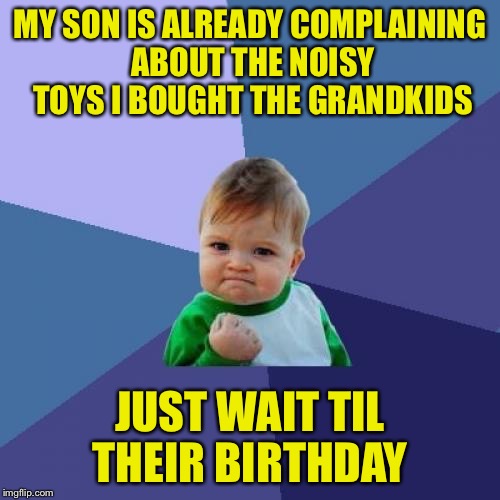 Success Kid Meme | MY SON IS ALREADY COMPLAINING ABOUT THE NOISY TOYS I BOUGHT THE GRANDKIDS; JUST WAIT TIL THEIR BIRTHDAY | image tagged in memes,success kid | made w/ Imgflip meme maker