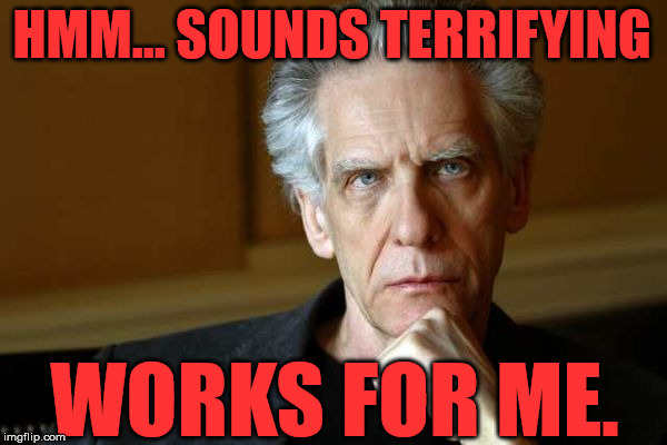 HMM... SOUNDS TERRIFYING WORKS FOR ME. | image tagged in david cronenberg | made w/ Imgflip meme maker