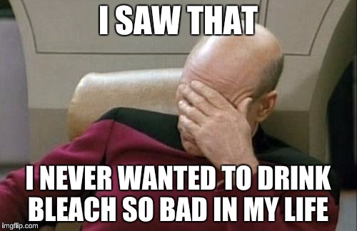 Captain Picard Facepalm Meme | I SAW THAT I NEVER WANTED TO DRINK BLEACH SO BAD IN MY LIFE | image tagged in memes,captain picard facepalm | made w/ Imgflip meme maker