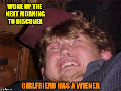 Surprise!! | WOKE UP THE NEXT MORNING TO DISCOVER; GIRLFRIEND HAS A WIENER | image tagged in memes,wtf,funny,wmp | made w/ Imgflip meme maker