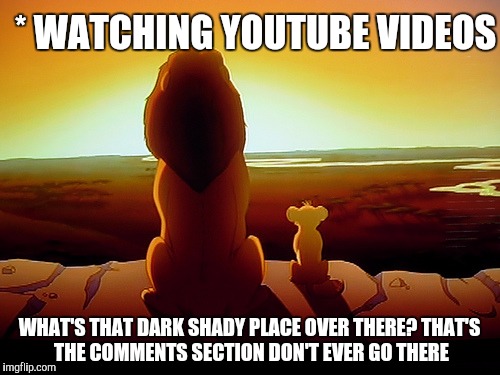 Lion King Meme | * WATCHING YOUTUBE VIDEOS; WHAT'S THAT DARK SHADY PLACE OVER THERE?
THAT'S THE COMMENTS SECTION DON'T EVER GO THERE | image tagged in memes,lion king | made w/ Imgflip meme maker