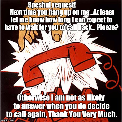Speshul request!                
Next time you hang up on me...At least let me know how long I can expect to have to wait for you to call back... Pleeze? Otherwise I am not as likely to answer when you do decide to call again, Thank You Very Much. | image tagged in hangups | made w/ Imgflip meme maker